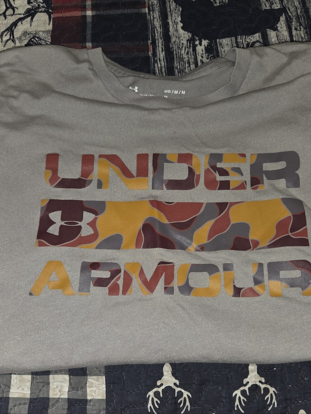 Under Armour Gray Tee with Yellow & Rust Camo Logo